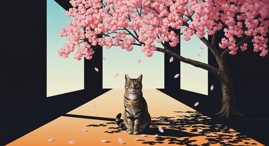 Realistic Cat Under Blossom Tree Image Generation